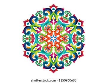 Tatar Native Ornamental Rosette in Arabic and Turkish style on pattern background. Moroccan hand made ornamental circle with colorful gradients in tatar tradition. Floral pattern with tulip and leaf