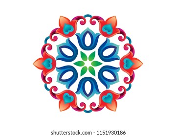 Tatar Native Ornamental Rosette in Arabic and Turkish style on pattern background. Moroccan hand made ornamental circle with colorful gradients in tatar tradition. Floral pattern with tulip and leaf
