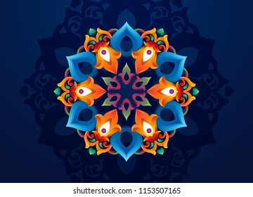 Tatar Native Ornamental Rosette in Arabic and Turkish style on pattern background. Moroccan hand made ornamental circle with colorful gradients in tatar tradition. Floral pattern with tulip and leaf