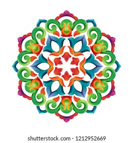 Tatar Native Ornamental Rosette in Arabic and Turkish style. Original hand made ornamental circle with colorful gradients in tatar tradition. Floral pattern with tulips and hearts.