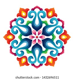 Tatar Native Ornamental Rosette in Arabic and Turkish style. Original hand made ornamental circle with colorful gradients in tatar tradition. Floral pattern with tulips and floral patterns.