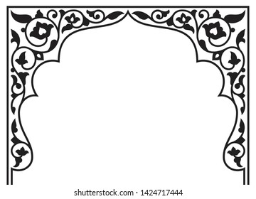 Tatar and Persian traditional ornamental floral arch. Oriental style Persian islamic pattern. High quality hand made vector art with decorative ethnic elements arabic decor in black and white colour