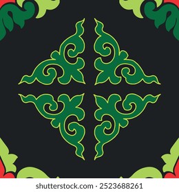 Patrón tártaro sin fisuras. Tulipán islámico, geometría floral. Cultura del pueblo tártaro, símbolos de verde y rojo