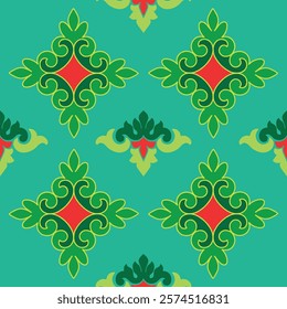 Tatar seamless pattern. Islamic tulip, floral geometry. Culture of the Tatar people, symbols of green and red