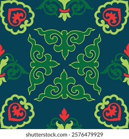 Tatar seamless pattern. Islamic tulip, floral geometry. Culture of the Tatar people, symbols of green and red