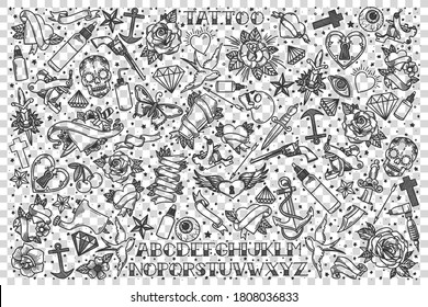 Tatoo doodle set  Collection hand drawn sketches templates patterns ink skin body drawings flowers skulls text transparent background  Fashionable lifestyle illustration