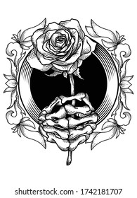 Tatoo And Tshirt Design Hand Skeleton Gift Rose Premium Vector