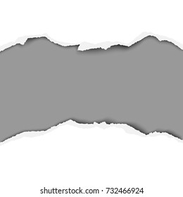 Tattered middle of white paper with torn edges and dark gray background of the resulting hole. Vector paper template.