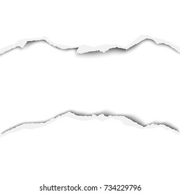 Tattered middle of white paper with torn edges, soft shadow and space for text, ad and other aims. Vector paper template.
