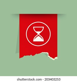 the tattered piece of paper with clock icon / the time icon / the button with hour glass