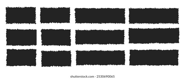 Tattered rectangle jagged edge text box, header border. Ripped and cutout paper torn strip. Collage shape of black paper silhouette