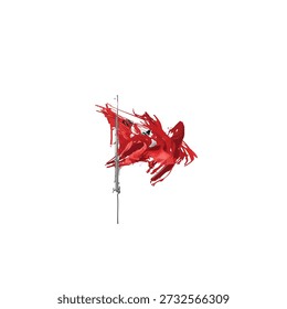 A tattered red flag waves on a simple metal flagpole