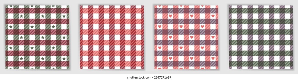 Tattersall check endless ornament collection. Popular buffalo checkered tartan plaid textile print set with stars and hearts. Tattersall check geometric ornaments for handkerchief fabric print.