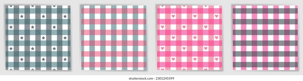Tattersall check endless ornament set. Vintage tattersall checkered plaid textile print collection with stars and hearts. Tattersall check geometric patterns for oilcloth fabric print.