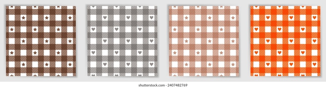 Los tattersall revisan el juego de ornamentos interminables. Bonita colección de estampados de tela a cuadros con estrellas y corazones. Los tattersall revisan los adornos geométricos para la impresión textil de vestimenta o pañuelo.