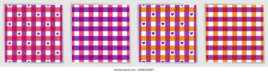 Tattersall check endless ornament set. Irish tattersall checkered plaid fabric print collection with stars and hearts. Tattersall check geometric patterns for jacket textile print.