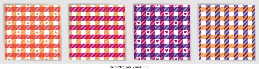 Tattersall check endless ornament set. Abstract tattersall checkered plaid textile print collection with stars and hearts. Tattersall check geometric patterns for kilt or skirt fabric print.