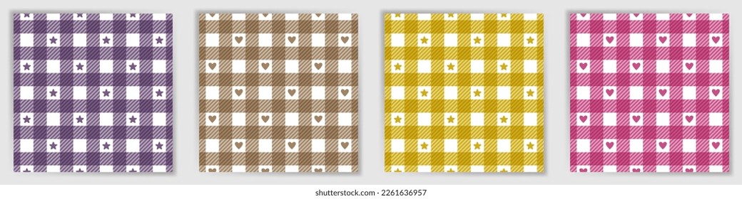 Los tattersall comprueban la interminable colección de patrones. Tela de tela trenzada tartán a cuadros de búfalo retro con estrellas y corazones. Los tattersall revisan los swatches geométricos para las cortinas de la huella textil.