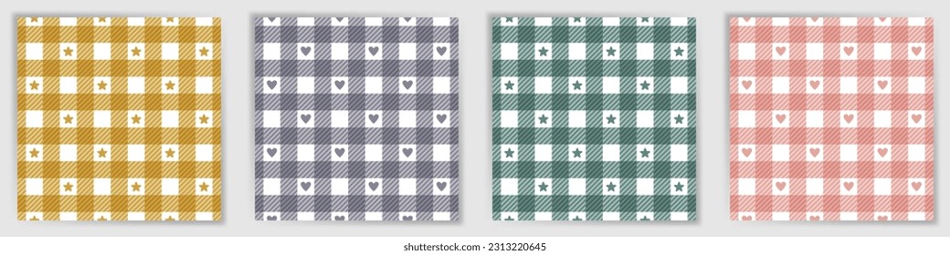 Los tattersall comprueban la interminable colección de patrones. Sencilla estribería estampada textil a cuadros con estrellas y corazones. Los tatuajes comprueban los estampados a rayas para la impresión de tela de la ropa de cama.