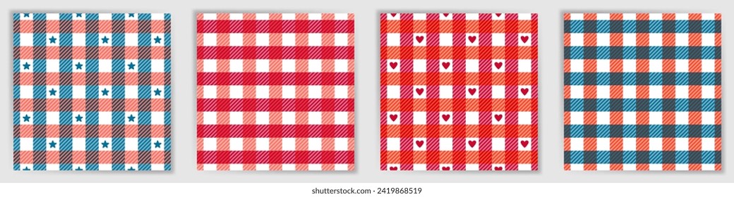 Tattersall check endless pattern collection. Abstract buffalo checkered tartan plaid fabric print set with stars and hearts. Tattersall check square ornaments for bedclothes textile print.