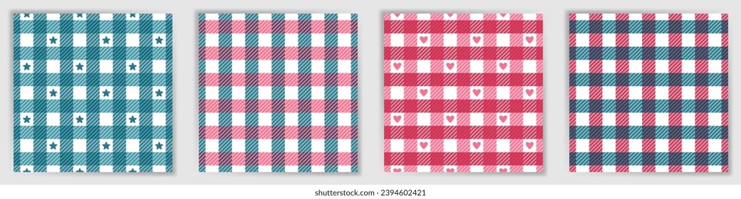 Tattersall check endless pattern set. Beautiful tattersall checkered plaid textile print collection with stars and hearts. Tattersall check square swatches for bed linen fabric print.