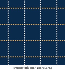 Tattersall check pattern in blue, yellow, white. Dark seamless stitched tartan plaid for dress, coat, skirt, bag, or other modern spring, summer, autumn, winter fashion textile print.