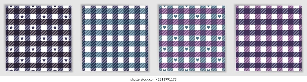 Tattersall check seamless ornament collection. Classic tattersall checkered plaid textile print set with stars and hearts. Tattersall check square ornaments for shirt fabric print.