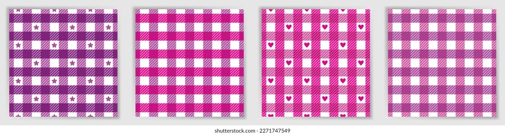 Tattersall check seamless pattern collection. Beautiful buffalo checkered tartan plaid fabric print set with stars and hearts. Tattersall check geometric swatches for duvet cover textile print.
