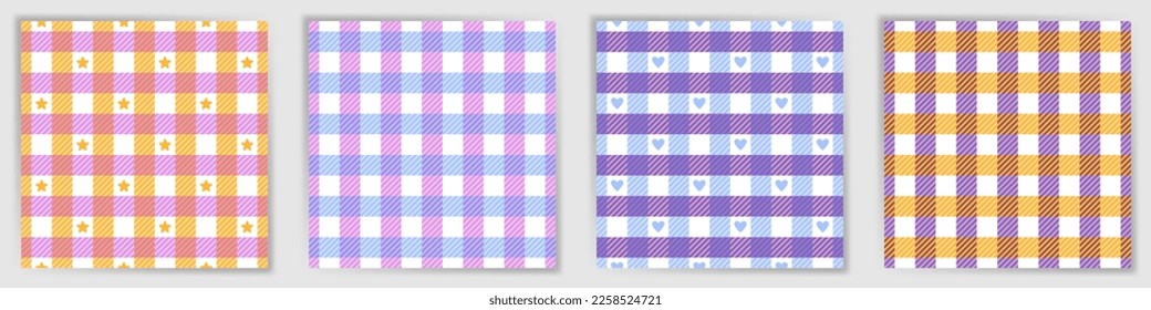 Tattersall check seamless pattern set. Simple buffalo checkered tartan plaid textile print collection with stars and hearts. Tattersall check geometric swatches for blanket fabric print.