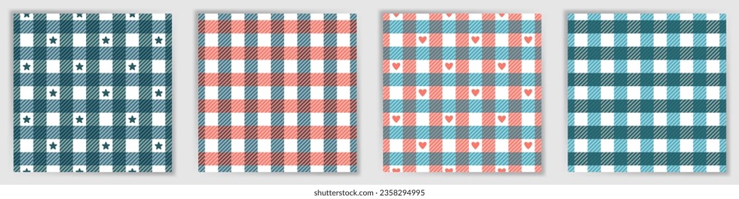 Los tattersall comprueban el conjunto de patrones sin fisuras. Colección de estampados de tela de tela de estrías tartan a la moda de búfalo a cuadros con estrellas y corazones. Los tattersall revisan los adornos cuadrados para la ropa o la huella textil de la bufanda.