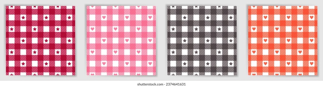Tattersall check seamless pattern set. Cute buffalo checkered tartan plaid textile print collection with stars and hearts. Tattersall check striped patterns for bed linen fabric print.
