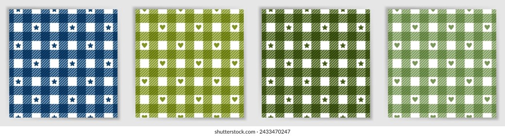 Die Schmutzflecken überprüfen den nahtlosen Mustersatz. Modische Buffalo karierte Tartan karierte Stoff Print-Sammlung mit Sternen und Herzen. Tattersall überprüfen gestreifte Armbanduhren für Picknickdecke Textildruck.