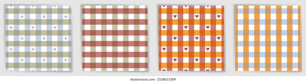 Tattersall check seamless pattern set. Classic buffalo checkered tartan plaid textile print collection with stars and hearts. Tattersall check striped patterns for shirt fabric print.