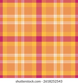 Tattersall tecido padrão têxtil, verificando fundo xadrez sem costura. Textura de verificação de tartã de vetor simples na paleta de cores laranja e vermelho.