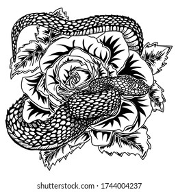 tatto and tshirt deign black and white handdrawn viper snake and rose premium vector