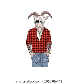 tattoed and bearded goat man hipster, anthropomorphic animal illustration