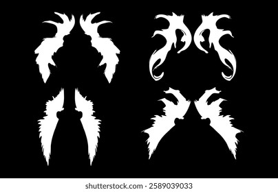 Tattoed style angel wings illustration with various styles on a black background