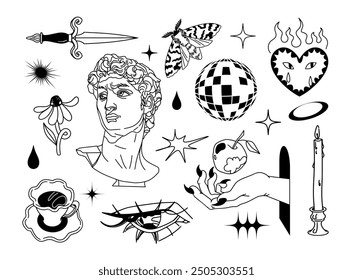 Tattoo 2k17, y2k art. David, dagger, apple, moth, candle, disco ball. Hand drawn line art, black and white isolated on white background. 