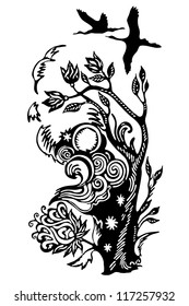 Tattoo of an abstract tree with arriving cranes