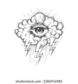 Tatuaje de todos viendo ojos en una nube con relámpagos aislados en fondo blanco. Ilustración vectorial.