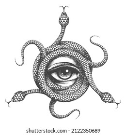 Tattoo of All Seeing Eye inside Snake Knot. Hand drawn Masonic Symbol on white background. Vector illustration.
