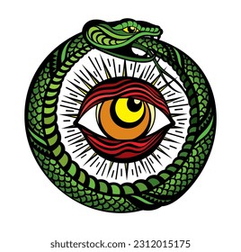 Tattoo of All Seeing Eye inside Snake Knot. Hand drawn Masonic Symbol on white background. Vector illustration.