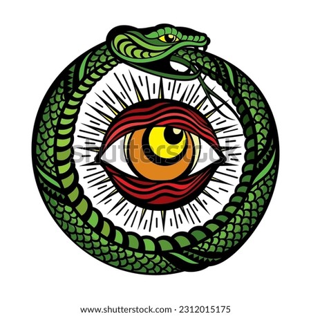 Tattoo of All Seeing Eye inside Snake Knot. Hand drawn Masonic Symbol on white background. Vector illustration.