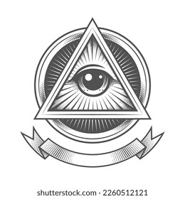 Tattoo of All seeing Eye of Providence Masonic in Engraving Style isolated on white. Vector Illustration.