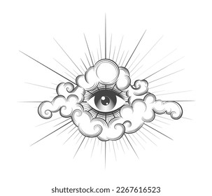 Tattoo of All Seeing Eye In a Sky drawn in Engraving style isolated on white. Vector illustration.