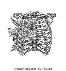 Tattoo anatomy vintage floral illustration. Floral chest skeleton. Vector illustration