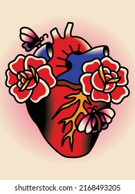 Tattoo anatomy vintage illustration. Floral romantic anatomical heart. Vector illustration