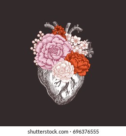 Tattoo anatomy vintage illustration. Floral romantic anatomical heart. Vector illustration