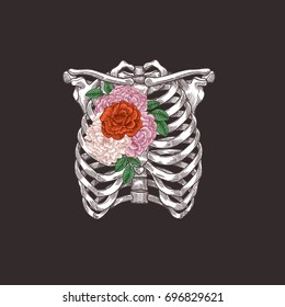 Tattoo anatomy vintage illustration. Floral chest skeleton. Vector illustration