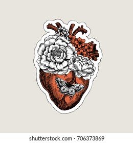 Tattoo Anatomy Vintage Illustration. Floral Anatomical Heart. Vector Illustration